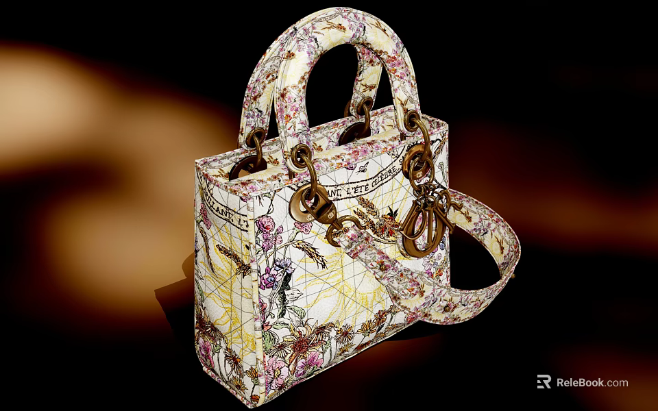 Elegant Floral Pattern Handbag Featuring Top Handle Shoulder Strap And Metal Decorations 3d model 
