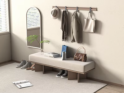 Entryway Interior With Bench Hanging Rack Mirror Plant Books Hat Coats And Shoes 3d model
