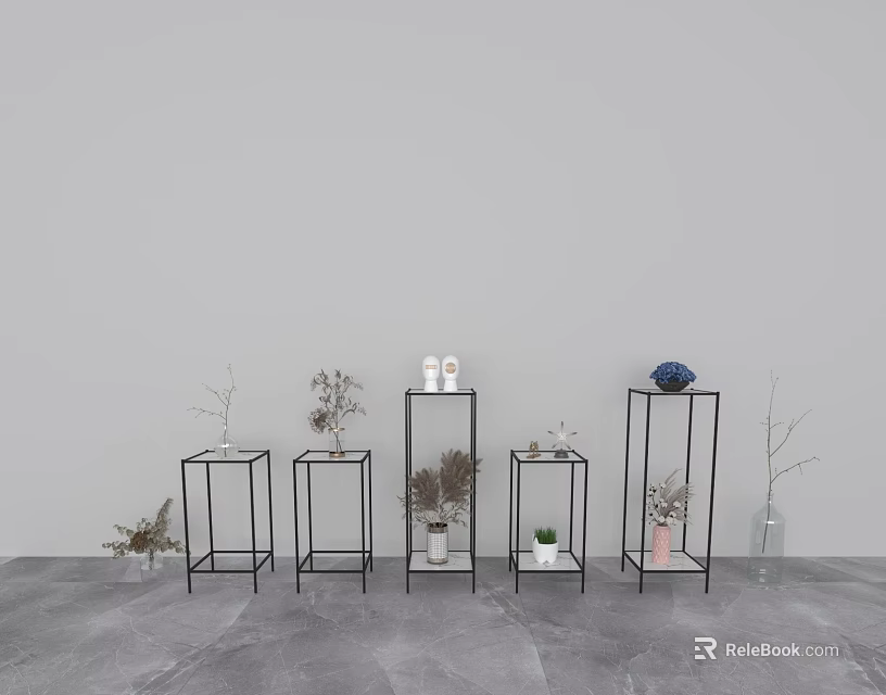 Black Metal Frame Plant Stands Displaying Various Vases and Flowers Against Gray Wall and Floor 3d model 