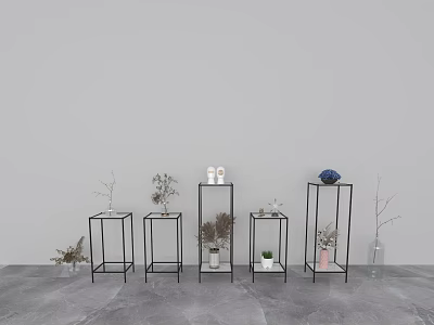 Black Metal Frame Plant Stands Displaying Various Vases and Flowers Against Gray Wall and Floor 3d model
