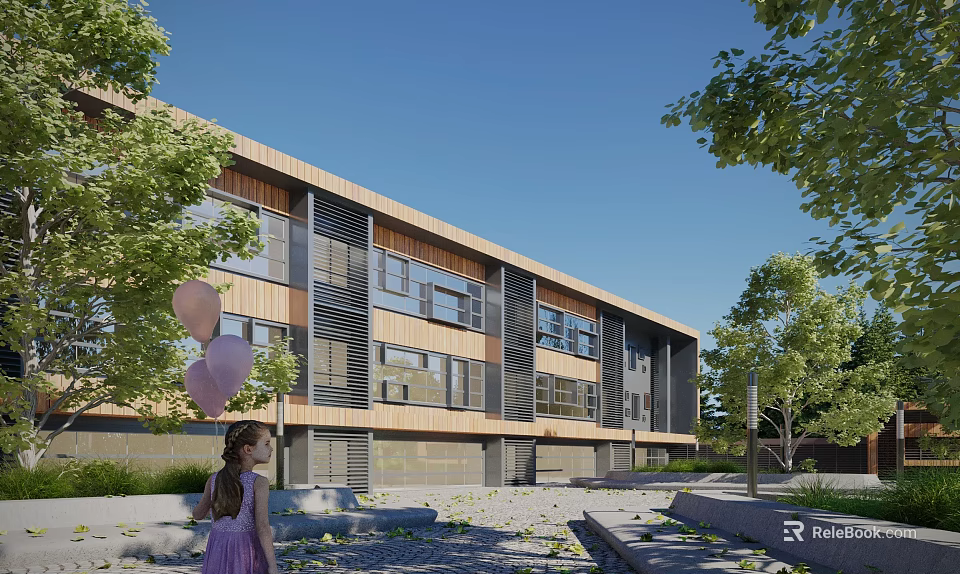 Modern Office Building Exterior Design With Wooden Elements Glass Facade And Greenery Surroundings 3d model 