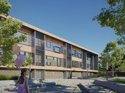 Modern Office Building Exterior Design With Wooden Elements Glass Facade And Greenery Surroundings 3d model