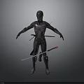 Metallic Robot Figure With Red And White Lightsabers Standing On Gray Background