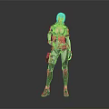 Blue Haired Female Futuristic Combat Character In Green White Armored Tactical Gear With Grey Background
