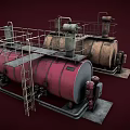 Industrial Red And Brown Storage Tanks With Metal Ladders And Pipes