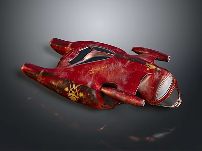 Futuristic Red Aerospace Spaceship With Detailed Golden Emblems And Sleek Cosmic Design 3d model