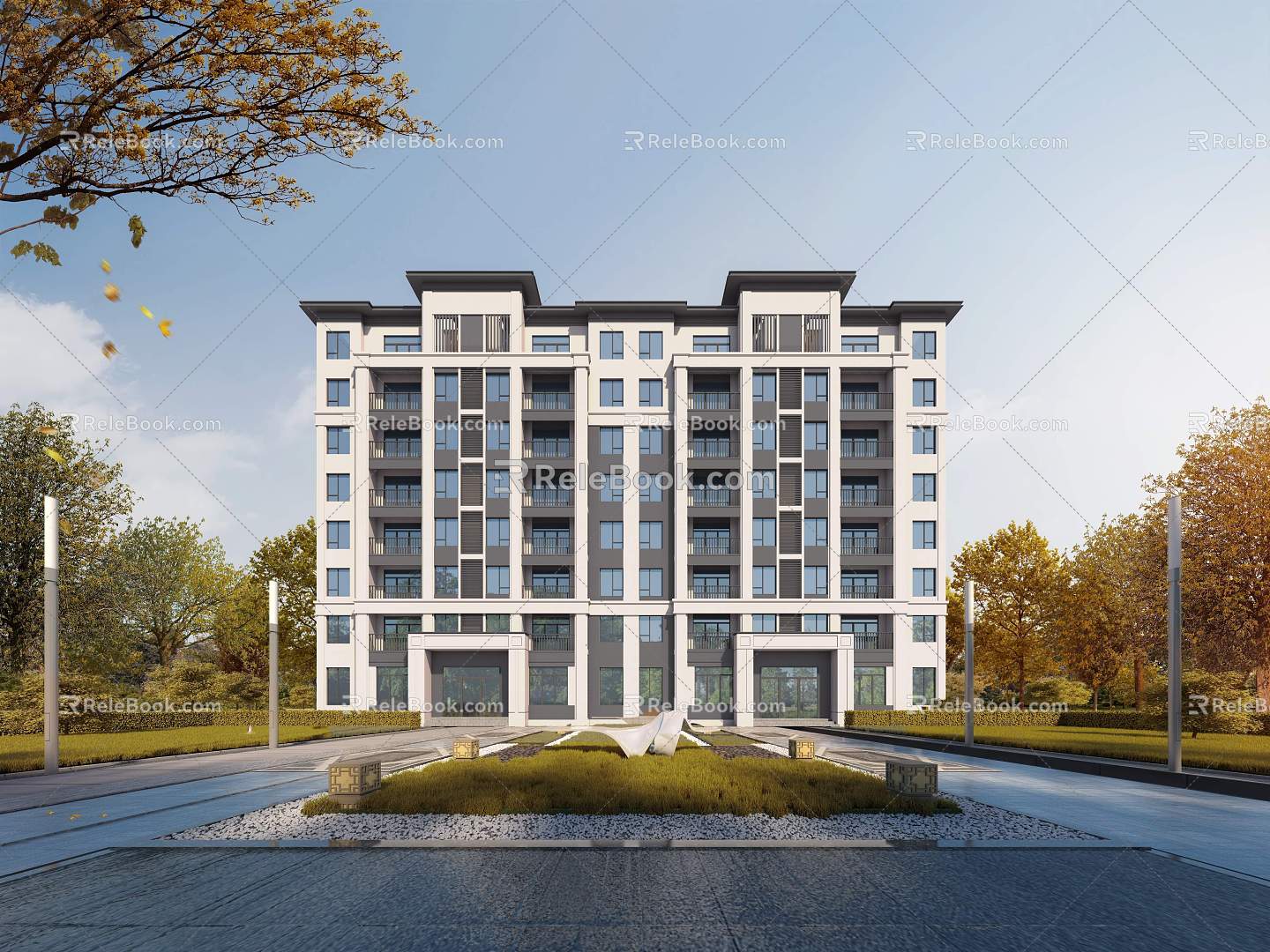 Modern Residential Building Residential Landscape Waterfall Water 3d model