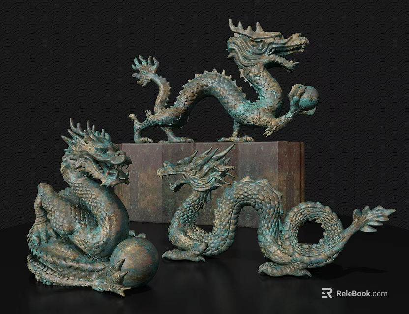 Intricate Chinese Dragon Bronze Sculptures With Detailed Designs And Various Poses 3d model 