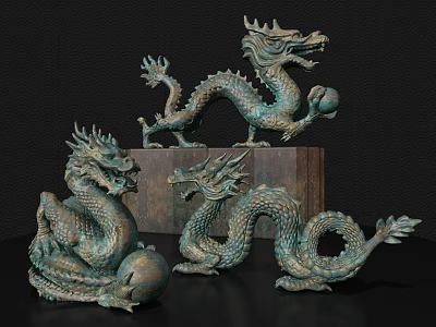 Intricate Chinese Dragon Bronze Sculptures With Detailed Designs And Various Poses 3d model