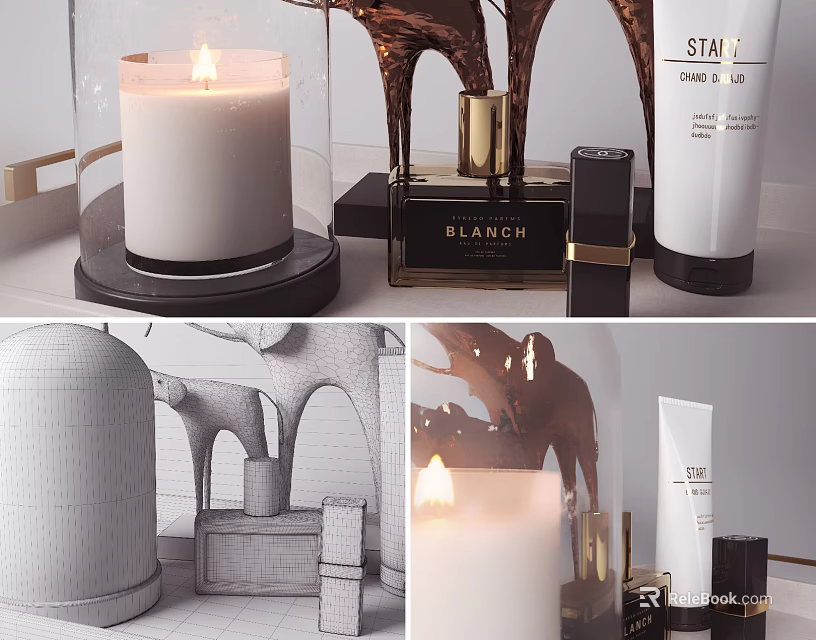 Elegant Perfume Cosmetics With Glass Bottles Gold Accents Skincare Products And Scented Candle 3d model 