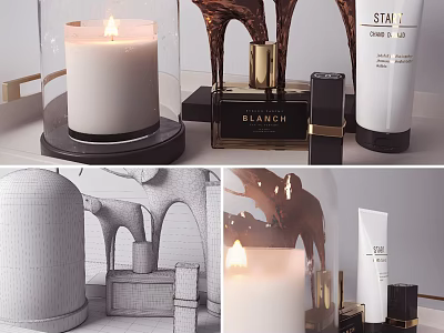 Elegant Perfume Cosmetics With Glass Bottles Gold Accents Skincare Products And Scented Candle 3d model