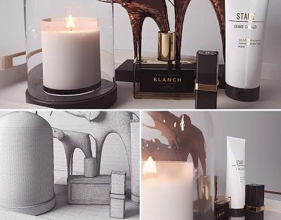 Elegant Perfume Cosmetics With Glass Bottles Gold Accents Skincare Products And Scented Candle 3d model