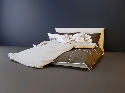 Double Bed With White Headboard White Brown Quilt Patterned Pillows In Dark Blue Wall 3d model