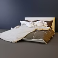 Double Bed With White Headboard White Brown Quilt Patterned Pillows In Dark Blue Wall 3d model