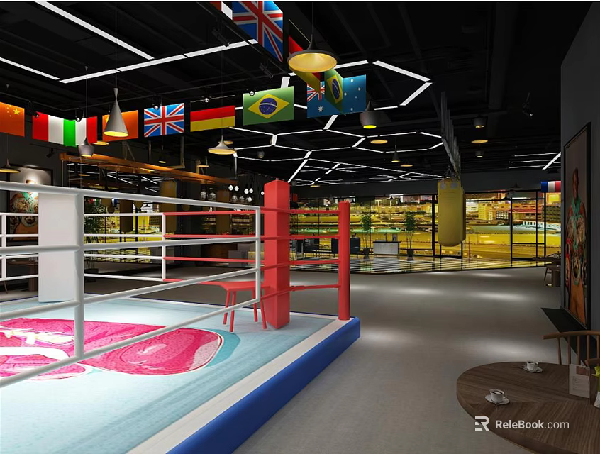 Modern Boxing Gym Interior With National Flags And Ring For Fitness Training 3d model 