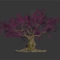 Potted Tree With Purple Leaves Thick Trunk And Exposed Roots On Circular Stone Base 3d model