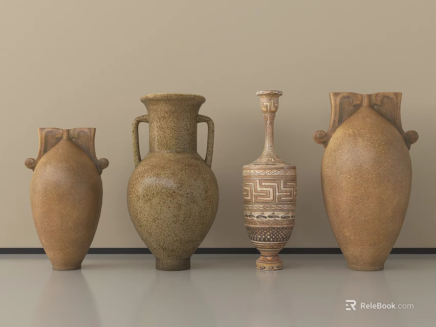 Four Ceramic Vessels With Various Shapes And Decorative Patterns On White Surface 3d model