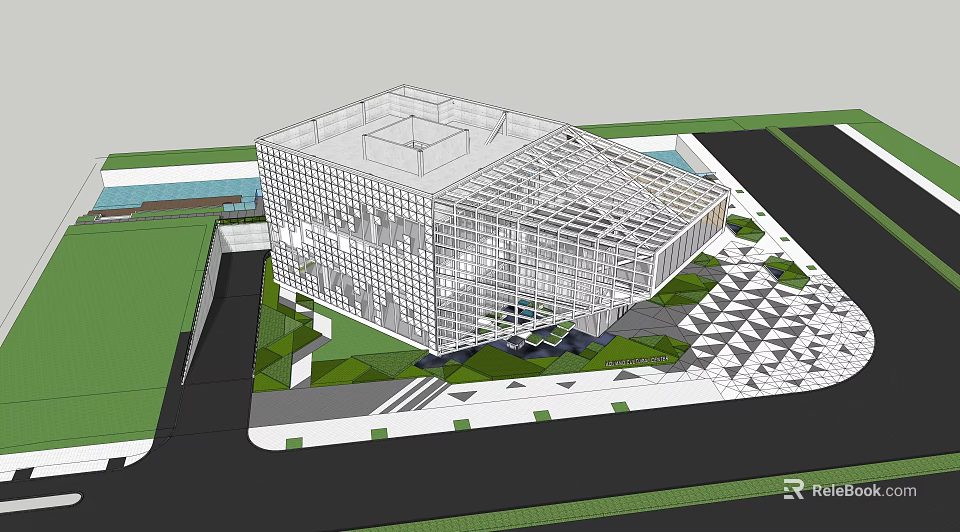 Modern Architectural Building With Grid Facade And Landscaped Green Area Featuring Geometric Design Elements 3d model