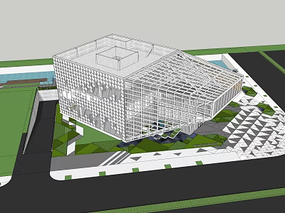 Modern Architectural Building With Grid Facade And Landscaped Green Area Featuring Geometric Design Elements 3d model