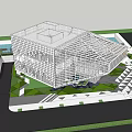 Modern Architectural Building With Grid Facade And Landscaped Green Area Featuring Geometric Design Elements 3d model