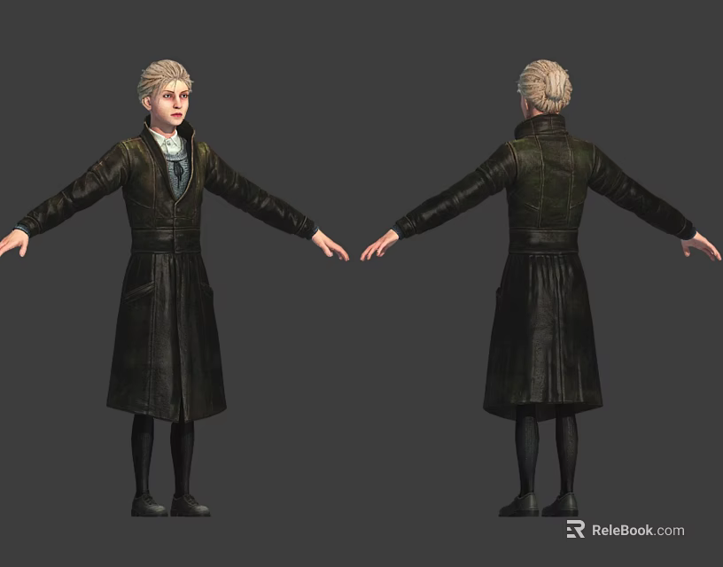 Character Model With Blonde Hair Dark Long Coat Black Boots Arms Outstretched Front Back Views 3d model 