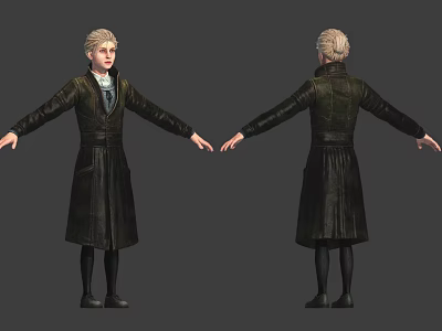 Character Model With Blonde Hair Dark Long Coat Black Boots Arms Outstretched Front Back Views 3d model