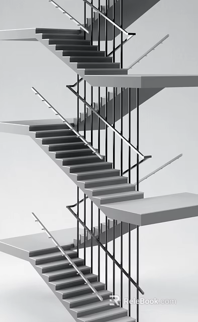 Modern Staircase Design With Metal Railings And Geometric Floating Steps 3d model 