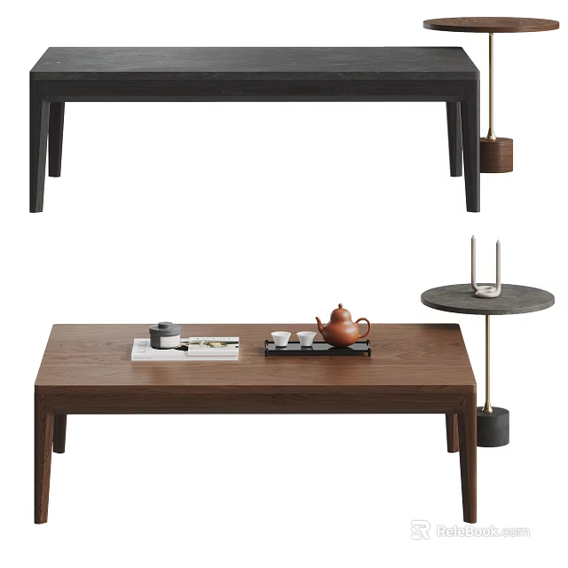 Modern Brown Wooden Coffee Table With Teapot Tray And Magazine On Top 3d model 