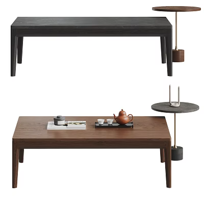 Modern Brown Wooden Coffee Table With Teapot Tray And Magazine On Top 3d model