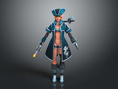 Female Pirate Character With Parrot Companion And Dual Pistols In Blue And White Outfit 3d model