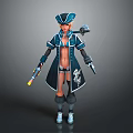 Female Pirate Character With Parrot Companion And Dual Pistols In Blue And White Outfit