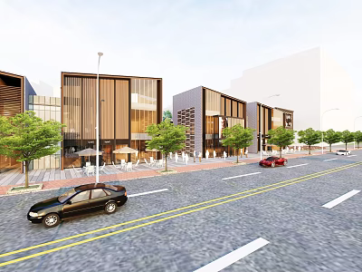Modern Urban Street With Contemporary Buildings Trees Cars Pedestrian Area And Outdoor Seating 3d model