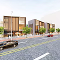 Modern Urban Street With Contemporary Buildings Trees Cars Pedestrian Area And Outdoor Seating