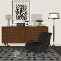 Wooden Carved Console Table With Decorative Vase Sculpture Frames Clock And Black Leather Chair