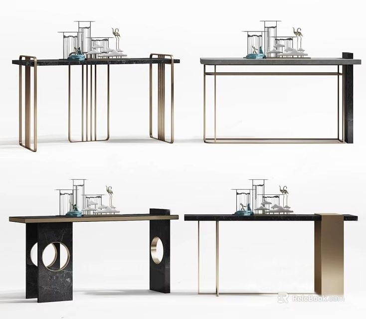 Modern Console Table Designs With Metal Frames And Decorative Glassware 3d model