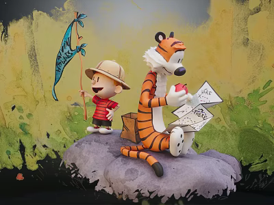Cartoon Scene With Boy Holding Butterfly Net Tiger On Rock With Apple And Map 3d model