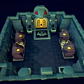 Green Dragon Guarding Ancient Stone Chamber With Skull And Glowing Eyed Creatures