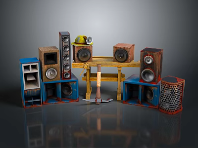 Wooden Speakers In Various Colors With Hammer And Shelf 3d model