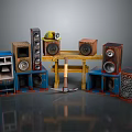 Wooden Speakers In Various Colors With Hammer And Shelf