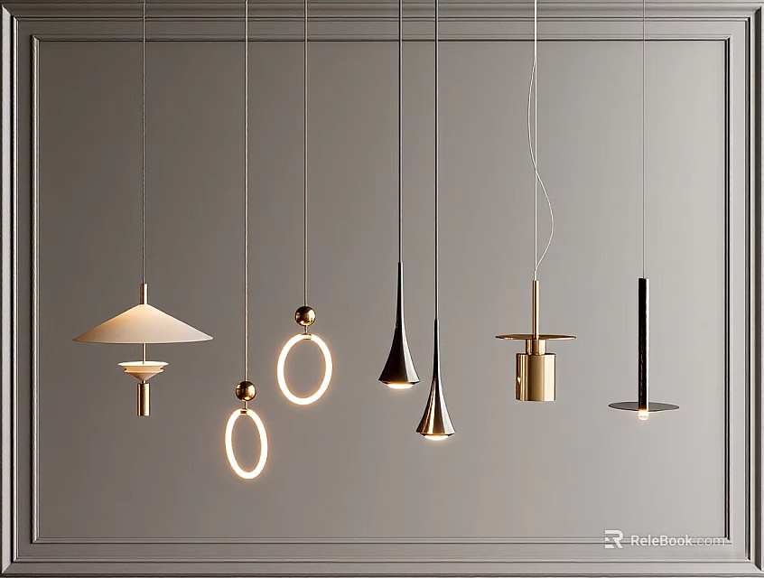 Modern Pendant Lights With Various Designs Hanging On Grey Wall 3d model 