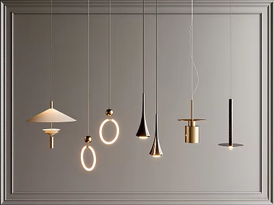 Modern Pendant Lights With Various Designs Hanging On Grey Wall 3d model