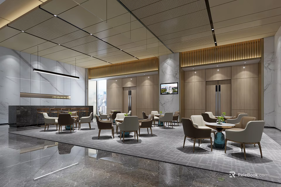 Elegant Hotel Public Lounge Area With Modern Design City View Spacious Layout And Comfortable Seating 3d model 