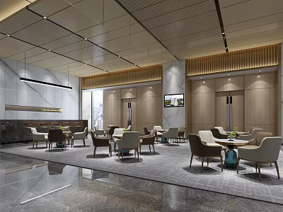 Elegant Hotel Public Lounge Area With Modern Design City View Spacious Layout And Comfortable Seating 3d model
