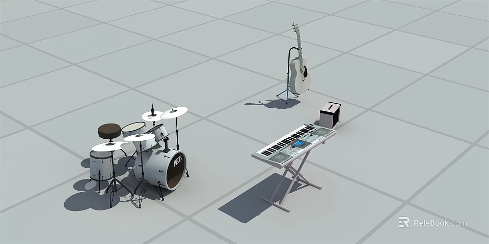 Assorted Musical Instruments and Art Supplies Display with Drums Guitar and Keyboard 3d model 