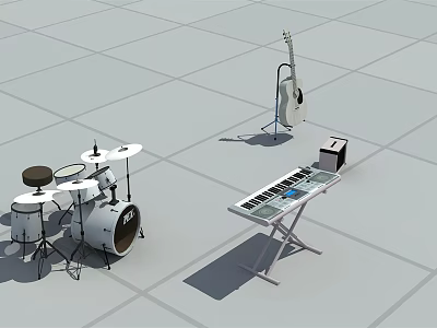Assorted Musical Instruments and Art Supplies Display with Drums Guitar and Keyboard 3d model