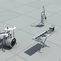 Assorted Musical Instruments and Art Supplies Display with Drums Guitar and Keyboard
