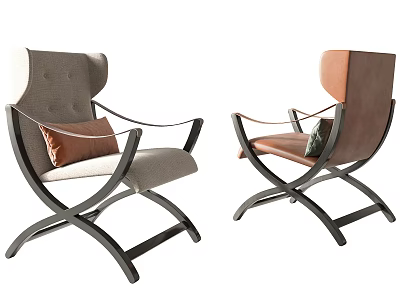 Modern Leisure Chair With Upholstered Fabric Gray Brown Beige Crossed Metal Legs And Accent Cushion 3d model