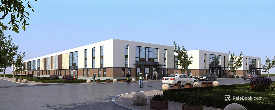 Modern Industrial Factory Building Exterior Featuring Glass Windows Parking Area And Landscaping 3d model 