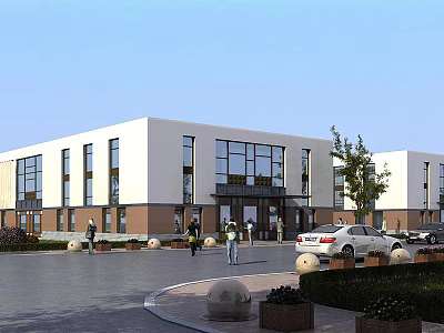 Modern Industrial Factory Building Exterior Featuring Glass Windows Parking Area And Landscaping 3d model