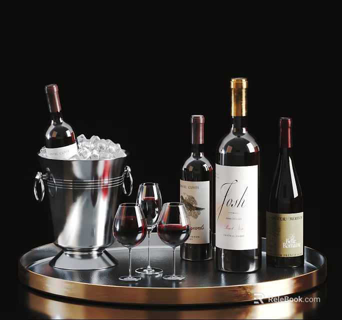 Wine Bottles And Glasses On Metal Tray With Ice Bucket And Black Background 3d model 